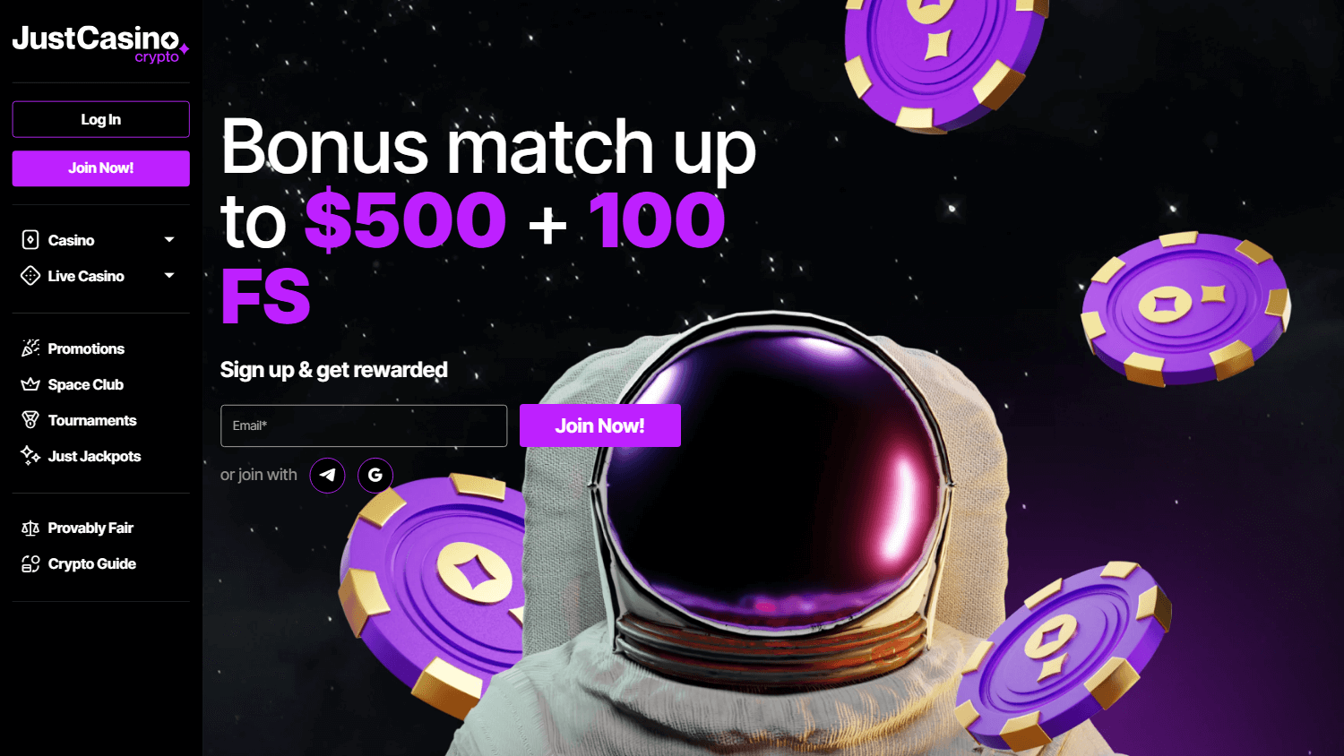 Just Casino homepage lobby