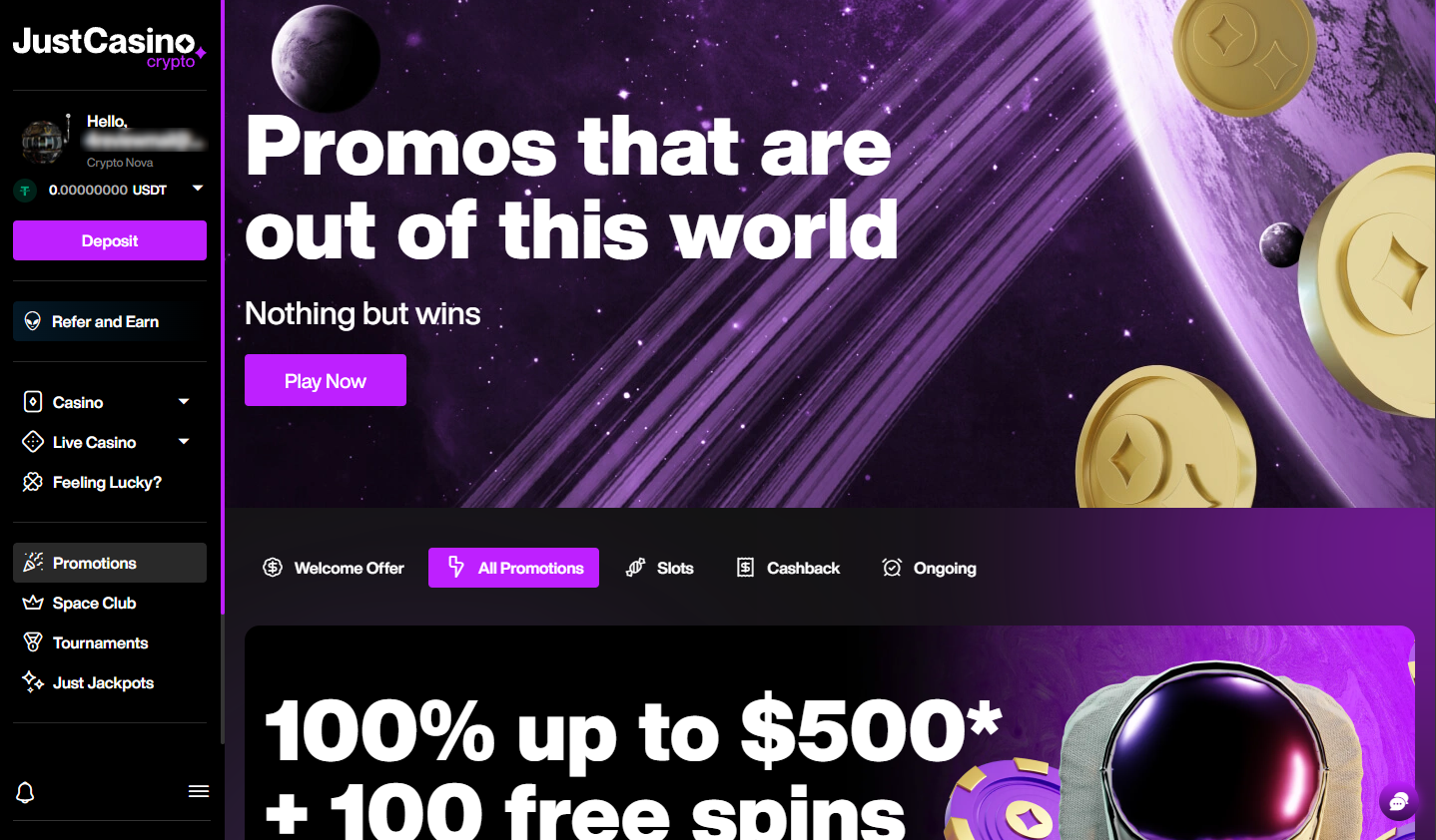 Just Casino mobile interface